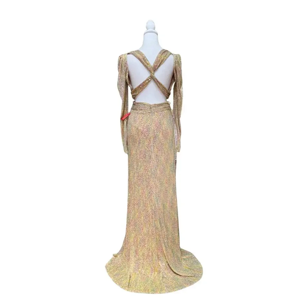 Mac Duggal Metallic Puff Sleeve Front Twist Gown 4 Gold Muti NWT Style 27050 - Picture 6 of 10